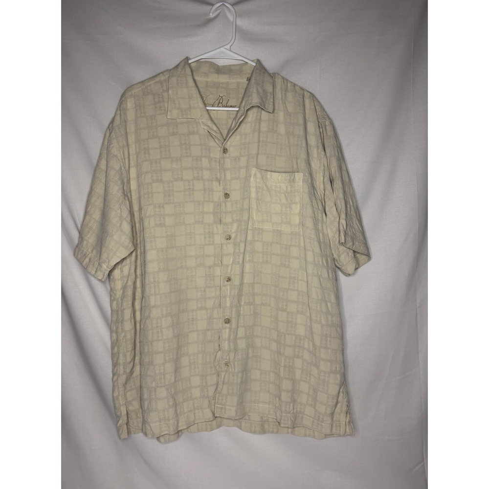 Tommy Bahama Mens XL 100% Silk Shirt Ivory Cream Jacquard Plaid Camp Hawaiian